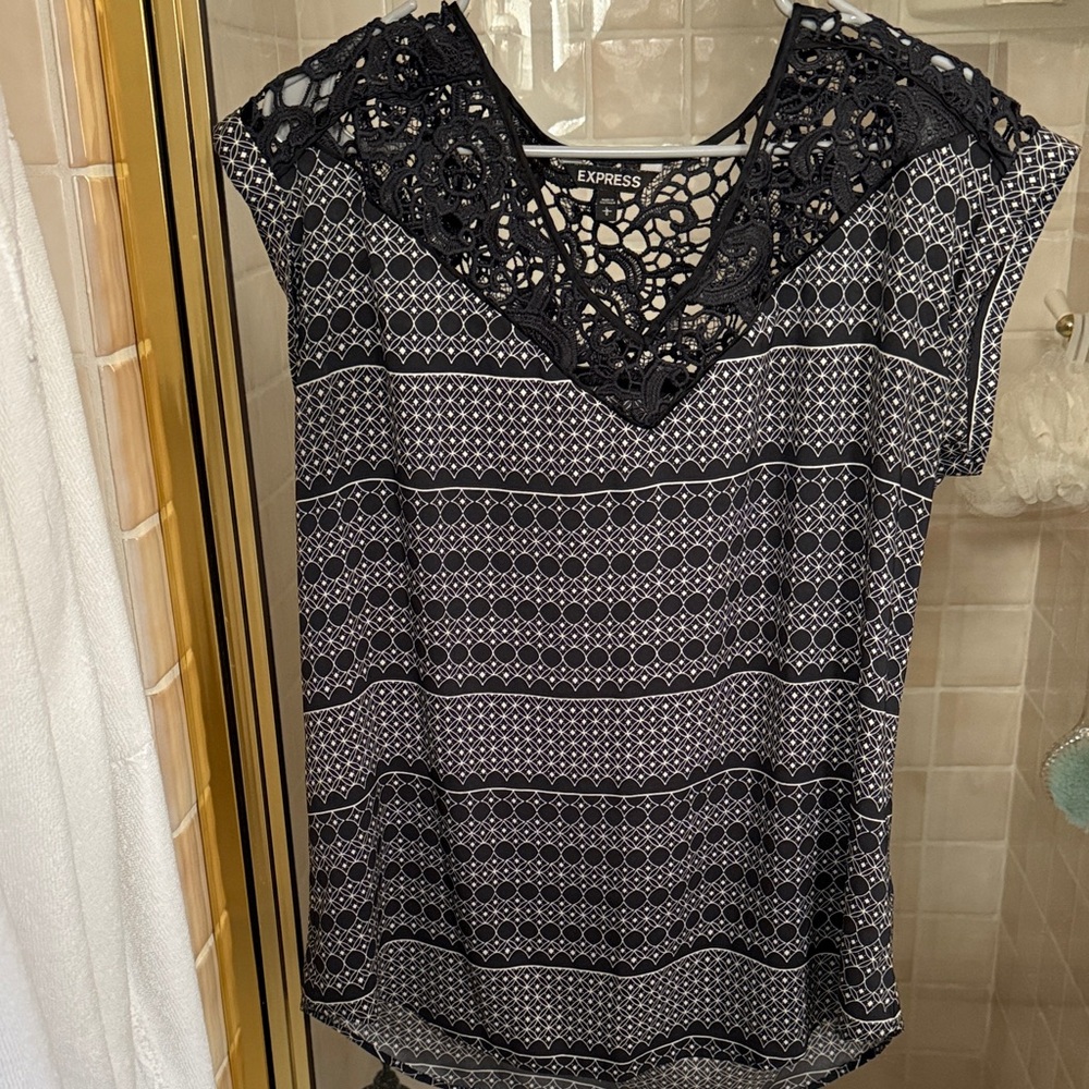 Express Black and White Crochet-Trim Women's Blouse